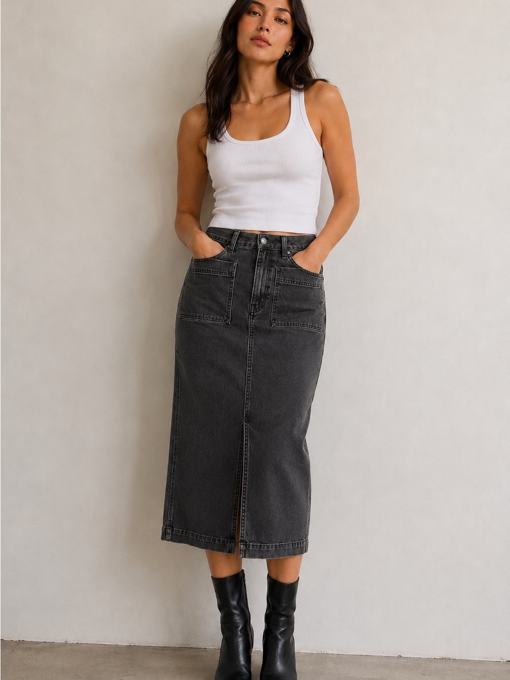 Madewell Black High-Rise Front Slit Denim Midi Skirt Size 31